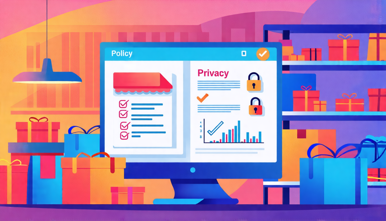 An illustration of a cozy, modern online store with a friendly shop interface on a computer screen. The background shows shelves with various items and packages ready for shipping. In the foreground, a document titled Privacy Policy with detailed bullet points is highlighted, showing icons of security locks, user data graphs, and checkmarks. The scene is bathed in warm, welcoming colors, evoking trust and professionalism.