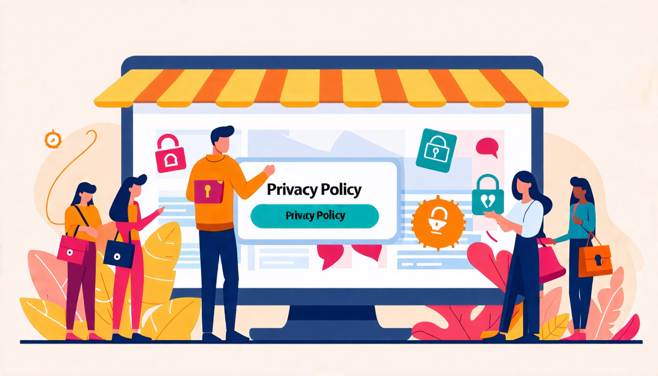 Create a detailed illustration of a friendly and professional-looking online store homepage, featuring a prominently displayed 'Privacy Policy' link. Show a diverse group of customers happily interacting with the store's digital features, and incorporate visual elements like secure lock icons, clear text, and serene colors to convey a sense of trust, transparency, and security.