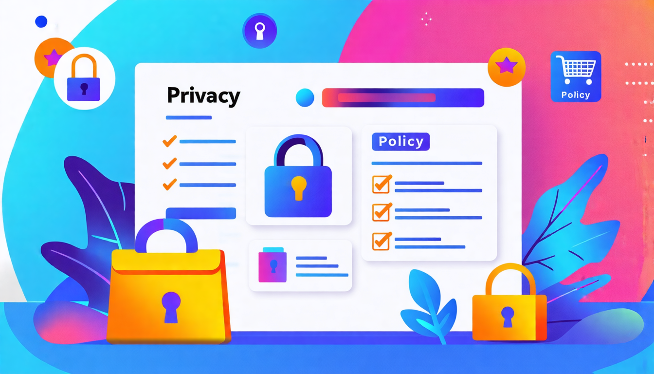 An illustrated scene showcasing a modern online store interface with various product images and a highlighted privacy policy section. The privacy policy box contains simplified icons representing user privacy, data protection, secure transactions, and user consent checkboxes. The overall design is clean, professional, and emphasizes trust and security.