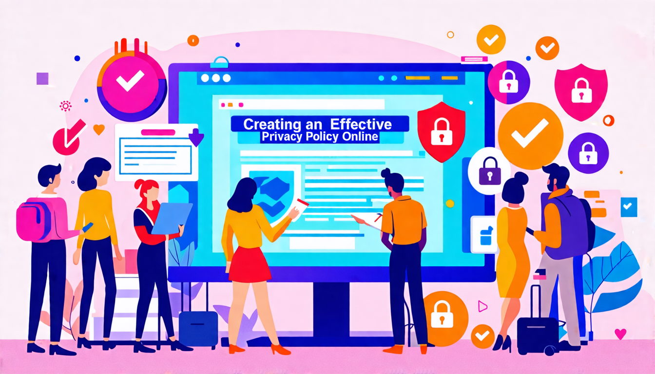 Generate an image of a diverse group of professionals collaboratively drafting a digital privacy policy on a large touchscreen in a modern office setting. The background includes symbols of data protection like padlocks, shields, and checkmarks, with a text overlay that reads 'Creating an Effective Privacy Policy Online.'