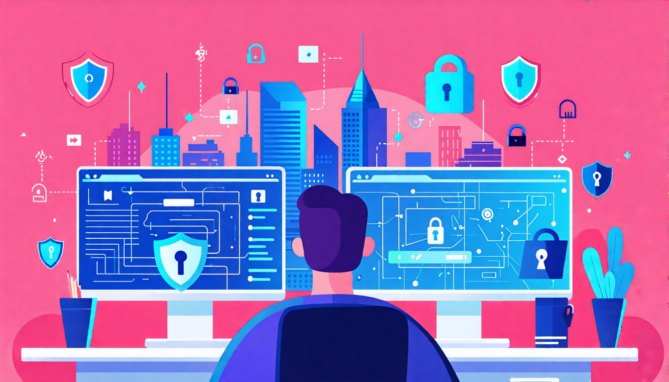 A detailed illustration of a person sitting at a desk with multiple computer screens, employing various online privacy tools such as VPNs, secure browsers, and encrypted messaging apps. The environment includes symbols of security, like padlocks, shields, and keys, floating around, and the background shows a digital cityscape with privacy-related icons subtly embedded in the architecture.