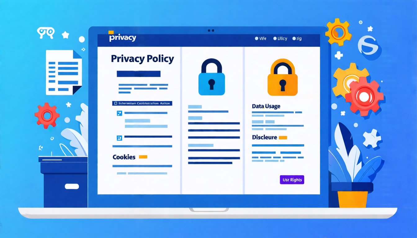 Create a detailed illustration of a modern online store's privacy policy page. The scene should include a clean, user-friendly interface with clear headings such as Information Collection, Data Usage, Cookies, Third-Party Disclosure, and User Rights. The layout should display icons representing these categories (e.g., a padlock for security, document for information, gears for data usage, etc.). The background should be a sleek, minimalistic design with the store's logo and user-friendly fonts.