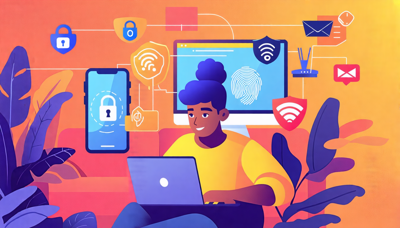 A digital illustration of a person using a laptop in a cozy home setting, surrounded by icons representing online security measures such as a padlock, fingerprint scanner, VPN shield, two-factor authentication, and encrypted email. The background shows subtle elements like a Wi-Fi router with strong signal and a smartphone with notification alerts indicating security updates. The overall mood is positive and reassuring, emphasizing the importance of protecting online privacy.