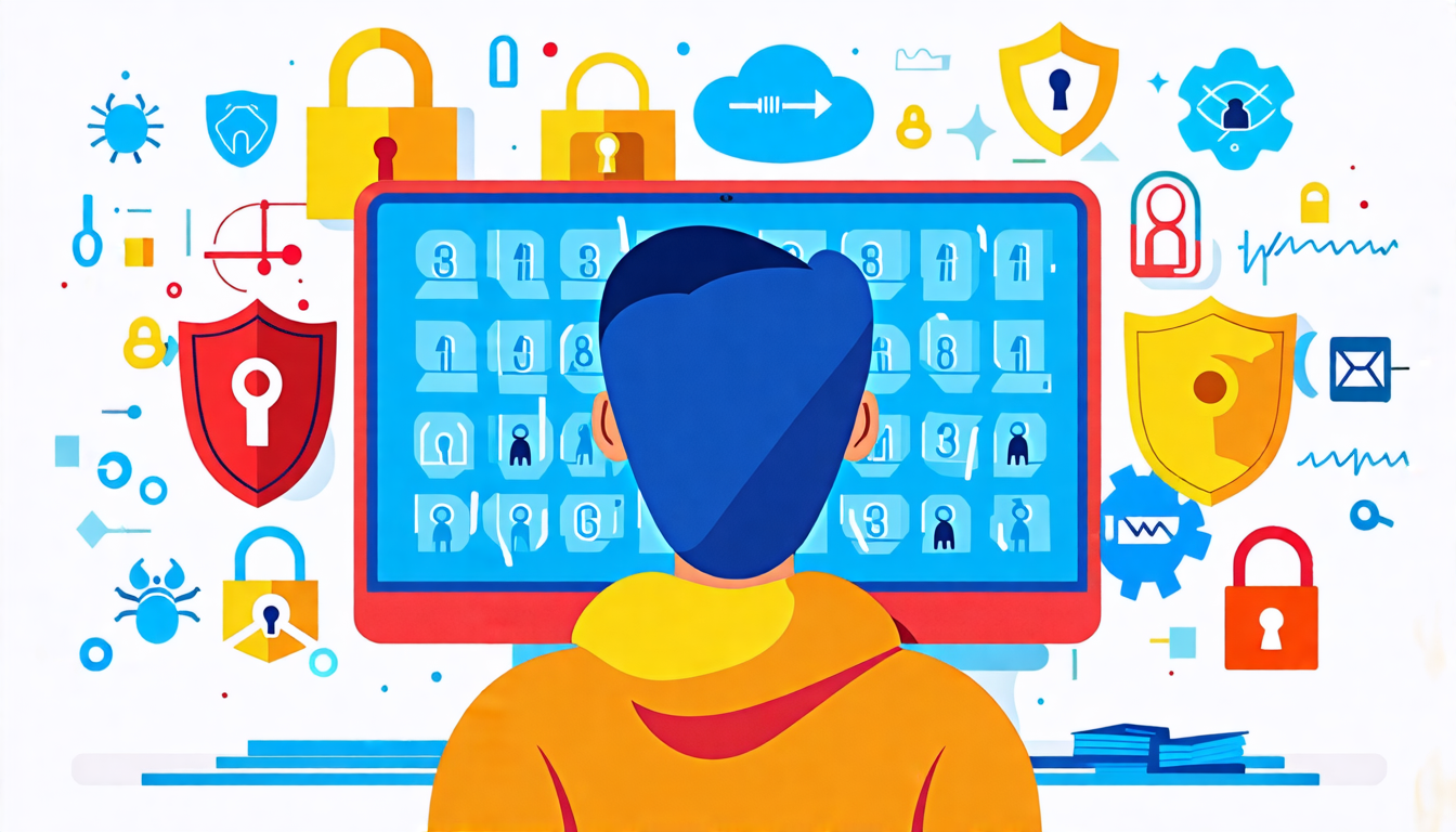 Create an image depicting a person in front of a computer screen with multiple layers of security elements, such as padlocks, shields, and encrypted codes. The background should include symbols of online threats like phishing hooks and malware bugs. The person should appear relaxed and confident, symbolizing effective online privacy protection measures.