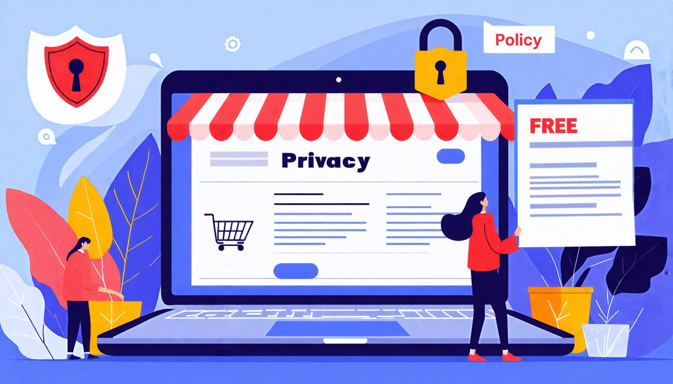 Create an image showing a laptop with an online store webpage open, surrounded by icons representing privacy, like a padlock, a shield, and a document. The background includes a friendly customer-support character holding a privacy policy document and a sign that says Free Privacy Policy. The overall theme should be professional and trustworthy, with a color scheme that matches typical business branding.