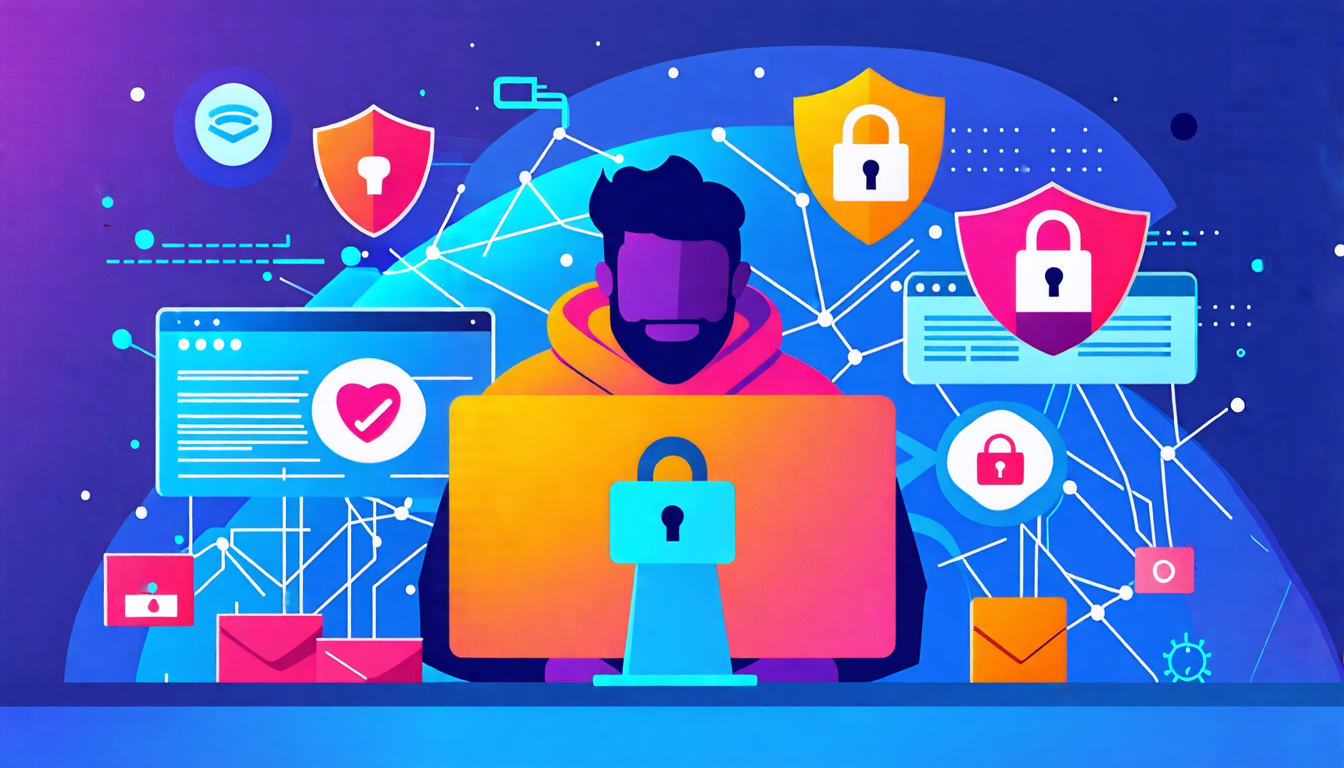 An illustration showing a person sitting at a computer with various layers of digital security elements surrounding them, including a lock symbol, shield, antivirus software, encrypted messages, and VPN icons. The background displays a network of interconnected devices representing the internet. The overall aesthetic is modern and emphasizes the importance of privacy and protection online.