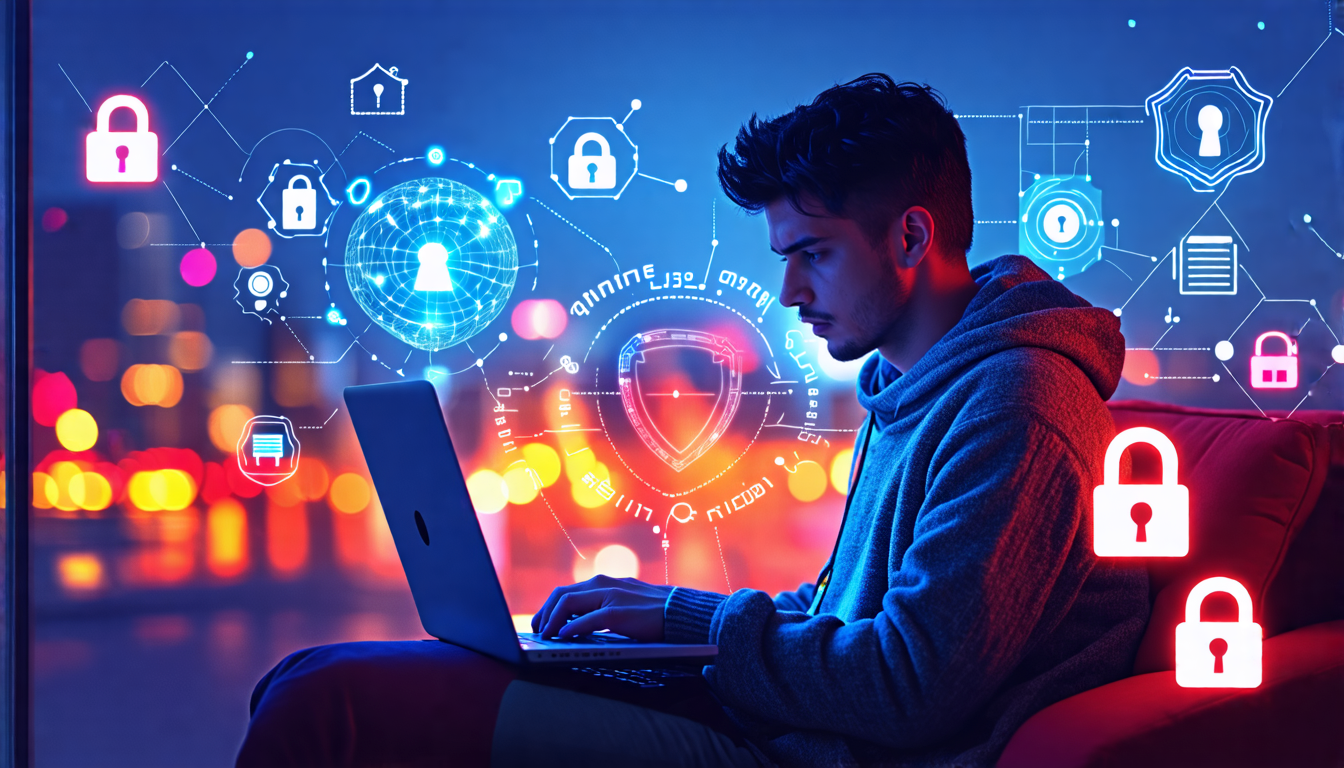 Create a detailed illustration of a serene individual using a laptop in a cozy, modern home setting, surrounded by digital symbols like locks, shields, and keys glowing softly. The background features a cityscape blurred slightly, symbolizing the online world. The image conveys a sense of security, privacy, and peace of mind while using the internet, highlighting the theme of online privacy protection services.