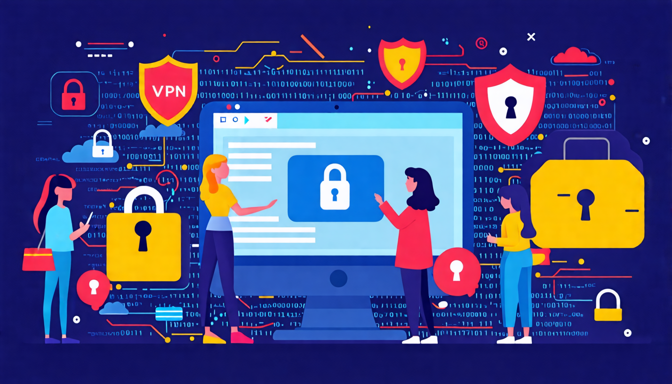 Create an image depicting individuals using various online privacy protection services on their digital devices. Incorporate visual elements such as VPN shields, encrypted data locks, antivirus software icons, and secure cloud storage symbols. The background should showcase a digital network with binary code and padlocks to emphasize cybersecurity.