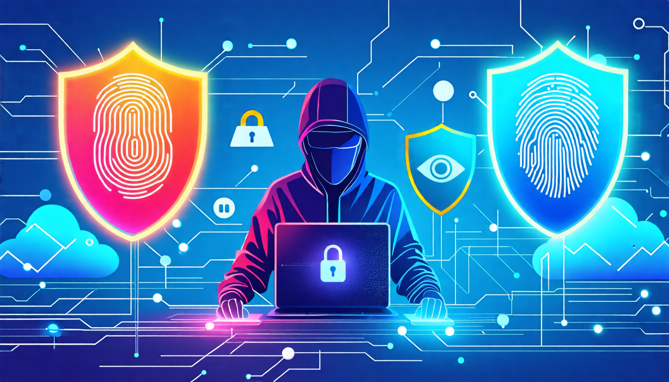 Create an imaginative illustration showing a person using a variety of digital devices, surrounded by glowing shields symbolizing online privacy protection. Each shield has symbols like a lock, a fingerprint, and a key, representing different aspects of digital security. The background shows a network of interconnected lines, illustrating the digital world, with elements like clouds and encrypted codes subtly integrated to emphasize the theme of safeguarding one's digital presence.