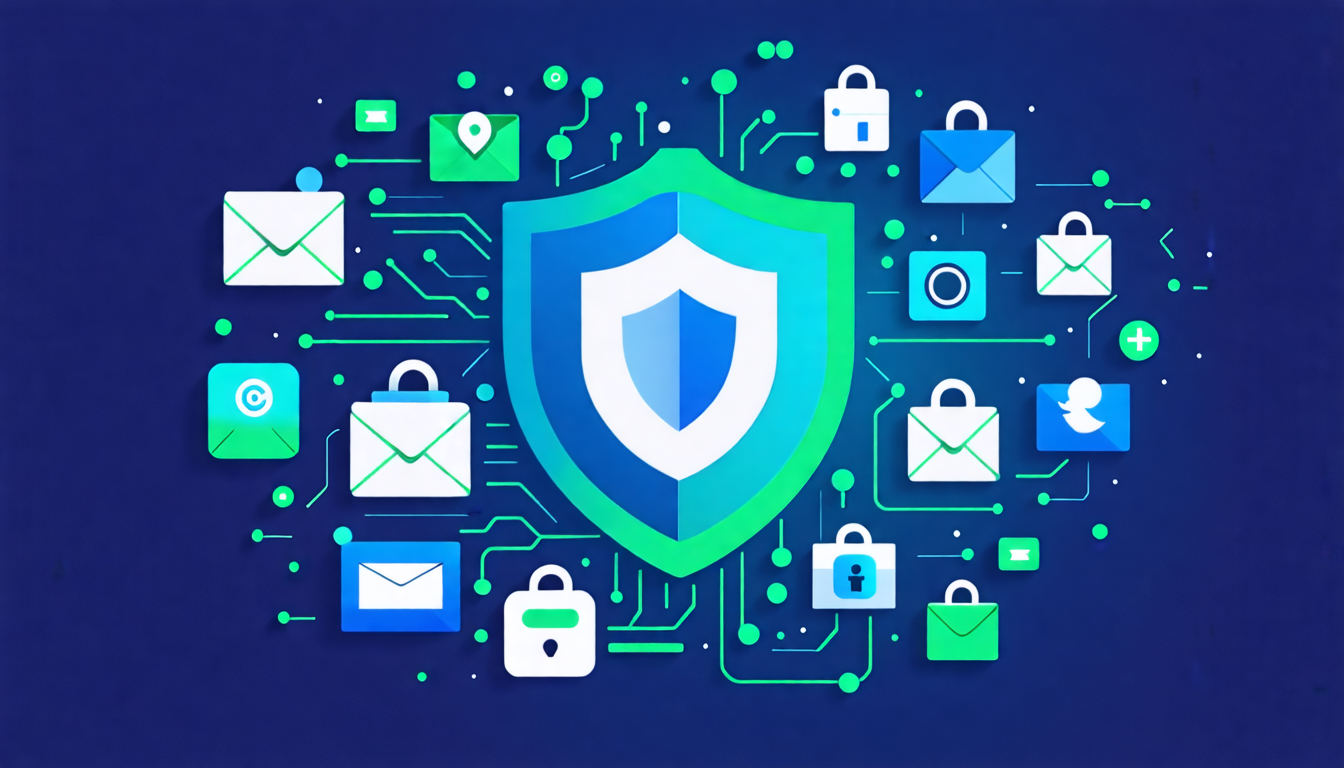 Create an image depicting a digital shield icon seamlessly integrated with various online platforms, such as email, social media, and banking apps. The shield symbolizes protection and privacy, while a subtle Discover logo appears in the background, emphasizing the theme of safeguarding online privacy. The color palette should convey a sense of security and trust, with hues of blue and green.