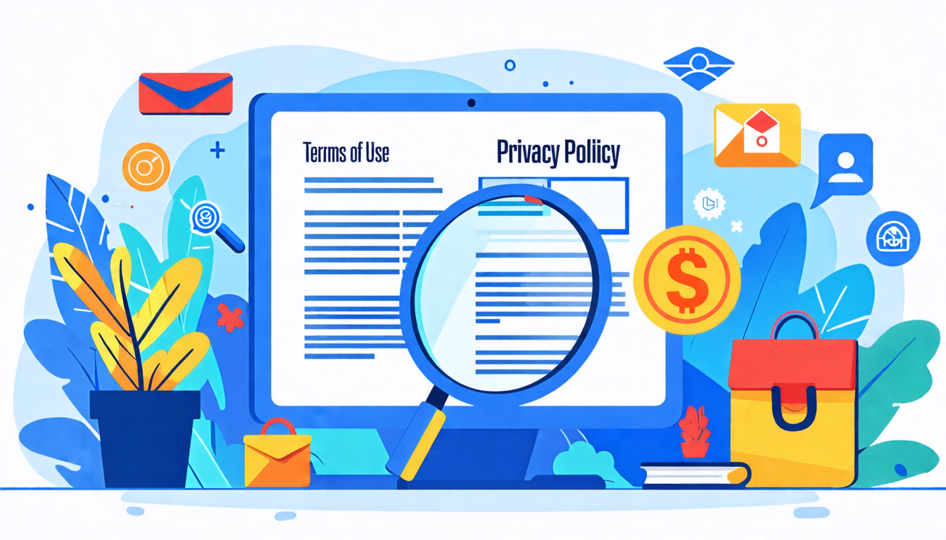 Create an image depicting a digital workspace with a computer screen displaying a Terms of Use document on one side and a Privacy Policy document on the other. Surround the screen with icons representing various online activities such as messaging, browsing, and shopping, symbolizing how these policies impact everyday internet use. Include a magnifying glass examining the text, highlighting the importance of understanding these documents.