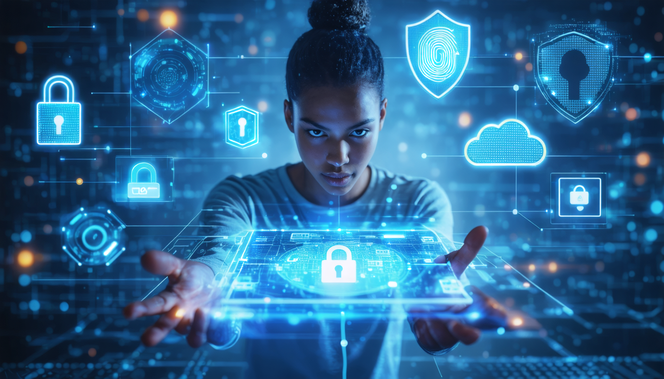 Create an image depicting a futuristic digital world where a person is surrounded by floating holographic icons representing different aspects of online security, such as a lock, shield, fingerprint, and a secure cloud. The person is interacting with a large touchscreen display, illustrating concepts like encryption and data privacy, with a serene expression, signifying confidence and security. The background should include abstract designs symbolizing networks and data flow, creating an atmosphere of advanced technology.