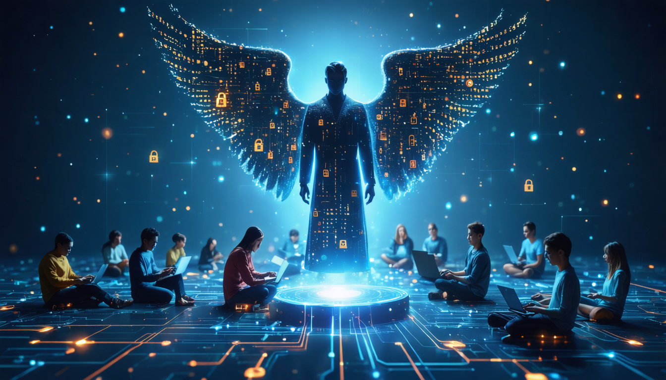 Create an image depicting a digital guardian angel, symbolizing internet privacy and security, hovering over a diverse group of people using various electronic devices. The guardian is enveloped in a shield-like aura made of binary code and padlock symbols, providing a sense of protection. The background should subtly incorporate elements like firewalls, encrypted pathways, and secure connections, all connecting to the users' devices. The overall tone should convey a sense of trust, safety, and empowerment in the digital world.